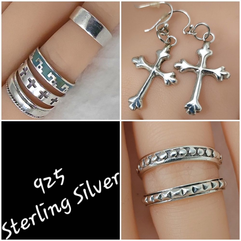 7-Pc Mixed 925 Sterling Silver Jewelry Lot Rings Cross Earrings Toe Ring